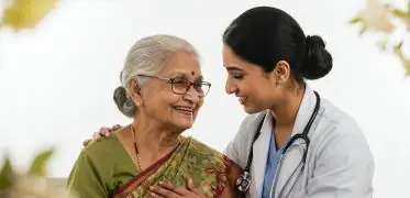 Doctor warmly interacting with an elderly woman during a medical consultation, providing compassionate healthcare