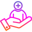 Patient care icon showing caring hands supporting a person with a medical cross symbol