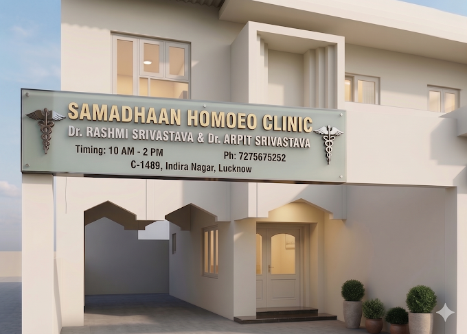 Exterior view of Samadhaan Homoeo Clinic building in Indira Nagar, Lucknow with clinic signage and entrance