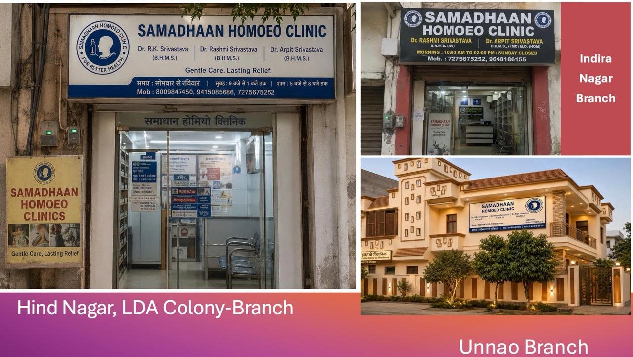 Samadhaan Homoeo Clinic branches in Hind Nagar (LDA Colony), Indira Nagar, and Unnao offering expert homeopathic treatment and personalized patient care.